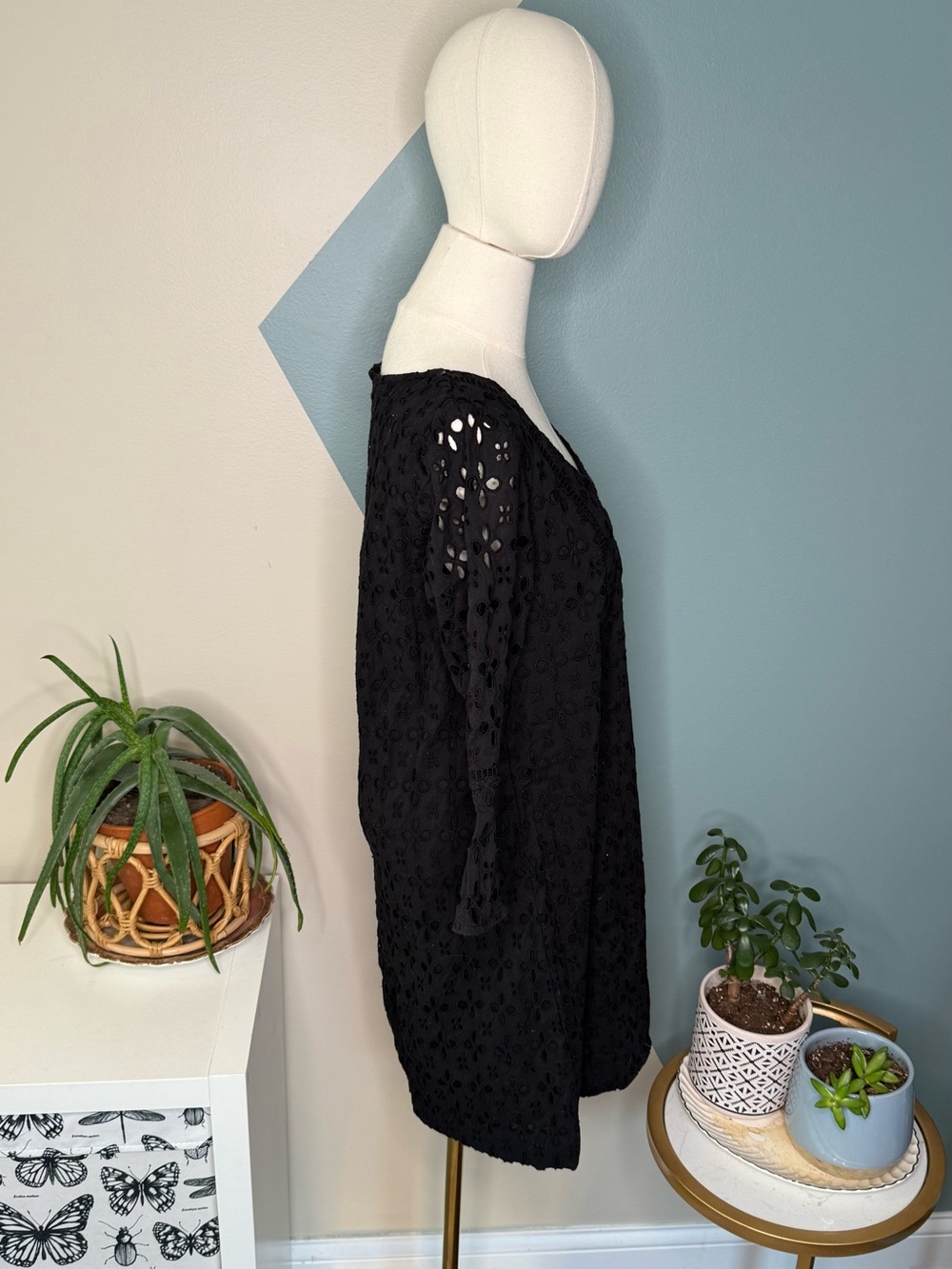 Madison Leigh Black Eyelet Cotton Prairie Boho Cottagecore Dress 10 - Picture 5 of 13